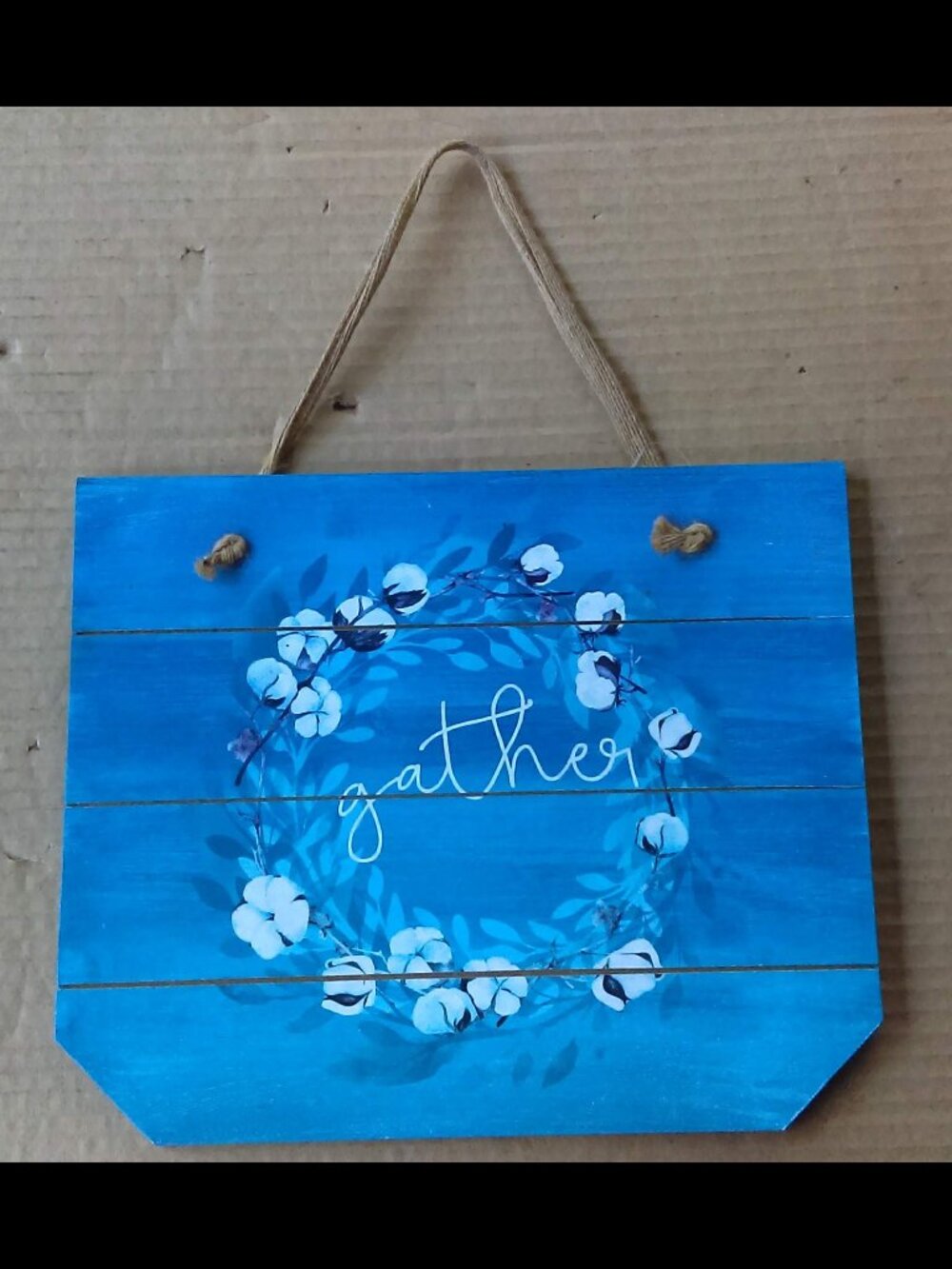 Gather Blue Slatted Wood Look Floral Cotton Wreath Farmhouse Style Sign 12"x10"
